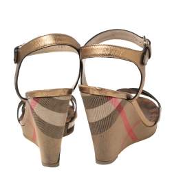 Burberry Gold Leather and Nova Check Canvas Platform Wedge Sandals Size 38.5