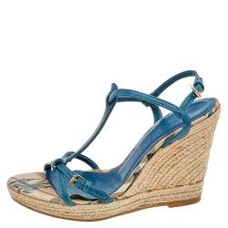 Pre Owned Burberry Blue Leather Strappy Espadrille Platform Wedge Sandals Size 37