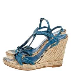 Pre Owned Burberry Blue Leather Strappy Espadrille Platform Wedge Sandals Size 37