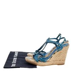 Pre Owned Burberry Blue Leather Strappy Espadrille Platform Wedge Sandals Size 37