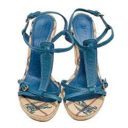 Pre Owned Burberry Blue Leather Strappy Espadrille Platform Wedge Sandals Size 37