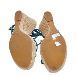 Pre Owned Burberry Blue Leather Strappy Espadrille Platform Wedge Sandals Size 37