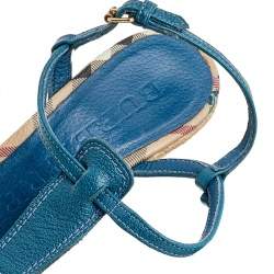 Pre Owned Burberry Blue Leather Strappy Espadrille Platform Wedge Sandals Size 37