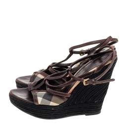 Burberry Brown Canvas And Leather Wedge Sandals Size 39