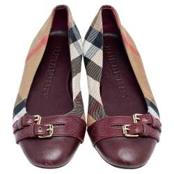 Burberry Beige/Burgundy Nova Check Canvas And Leather Ballet Flats Size 35