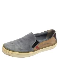 Burberry Ash Blue Suede and House Check Canvas Slip-On Sneakers Size 36.5