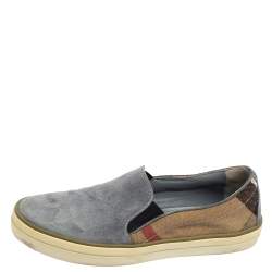 Burberry Ash Blue Suede and House Check Canvas Slip-On Sneakers Size 36.5