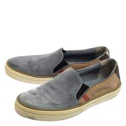 Burberry Ash Blue Suede and House Check Canvas Slip-On Sneakers Size 36.5