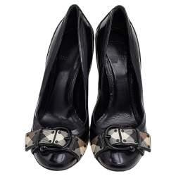 Pre Owned Burberry Black Patent Leather Buckle Round Toe Pumps Size 36