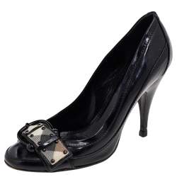 Pre Owned Burberry Black Patent Leather Buckle Round Toe Pumps Size 36