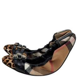 Pre Owned Burberry Black/Beige Novacheck Canvas and Leather Buckle Scrunch Ballet Flats Size 41