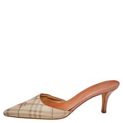 Pre Owned Burberry Beige Haymarket Check Fabric Pointed Toe Mules Size 38