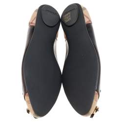 مملوكة مسبقًا Burberry Dark Brown/Beige Leather And Haymarket Coated Canvas Bow Toe Cap Ballet Flats Size 37.5