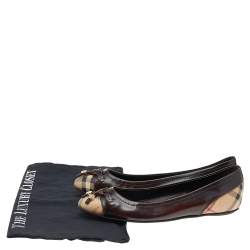 مملوكة مسبقًا Burberry Dark Brown/Beige Leather And Haymarket Coated Canvas Bow Toe Cap Ballet Flats Size 37.5