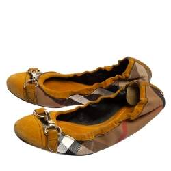 Pre Owned Burberry Yellow/Black Nova Check Suede And Canvas Scrunch Ballet Flats Size 39