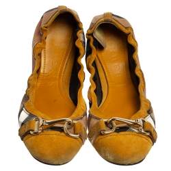 Pre Owned Burberry Yellow/Black Nova Check Suede And Canvas Scrunch Ballet Flats Size 39