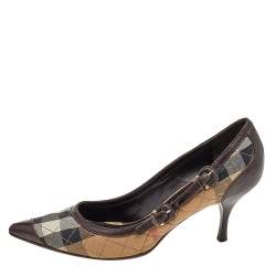Pre Owned Burberry Beige/Brown House Check Canvas And Leather Buckle Detail Pointed Toe Pumps Size 39