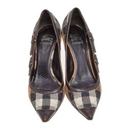Pre Owned Burberry Beige/Brown House Check Canvas And Leather Buckle Detail Pointed Toe Pumps Size 39