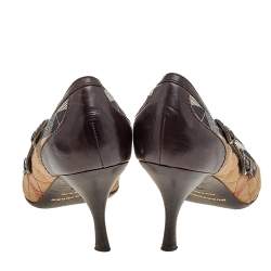Pre Owned Burberry Beige/Brown House Check Canvas And Leather Buckle Detail Pointed Toe Pumps Size 39