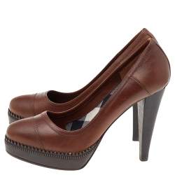 Pre Owned حذاء كعب عالي بربري جلد بني نعل سميك مقاس 36