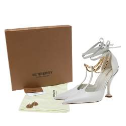 Pre Owned حذاء كعب عالي بربري ويلتون جلد محبب رصاصي مزين سلسلة سير حرف تي رباط كاحل مقاس 40