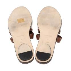 مملوكة مسبقًا Burberry Brown/Cream Leather and Cotton Canvas Logo Applique Flat Slides Size 39
