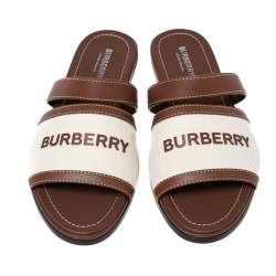 مملوكة مسبقًا Burberry Brown/Cream Leather and Cotton Canvas Logo Applique Flat Slides Size 39