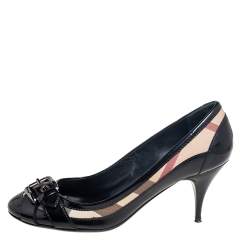 Burberry Black Patent Leather and Nova Check Coated Canvas Pumps Size 37