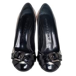 Burberry Black Patent Leather and Nova Check Coated Canvas Pumps Size 37