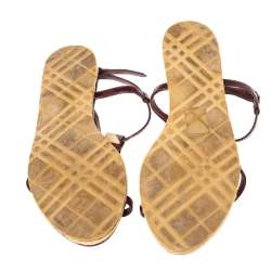 Pre Owned Burberry Burgundy Patent Leather and Nova Check Coated Canvas T-Strap Flat Sandals Size 38