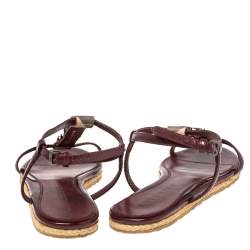 Pre Owned Burberry Burgundy Patent Leather and Nova Check Coated Canvas T-Strap Flat Sandals Size 38