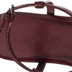 Pre Owned Burberry Burgundy Patent Leather and Nova Check Coated Canvas T-Strap Flat Sandals Size 38