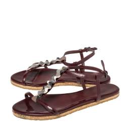 Pre Owned Burberry Burgundy Patent Leather and Nova Check Coated Canvas T-Strap Flat Sandals Size 38