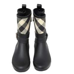 Pre Owned Burberry Black/Beige Rubber And Nova Check Canvas Holloway Rain Boots Size 38