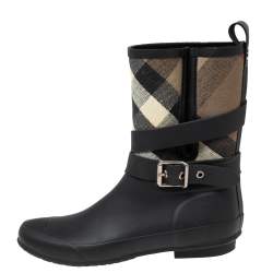 Pre Owned Burberry Black/Beige Rubber And Nova Check Canvas Holloway Rain Boots Size 38
