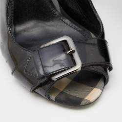 مملوكة مسبقًا صندل بربري جلد أسود لامع مقدمة مفتوحة فتحة كعب مق اس 39