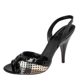 Pre Owned صندل بربري جلد لامع وكانفاس نوفا بيج /أسود فتحة كعب مقاس 38