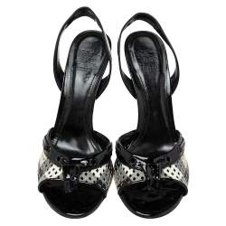 Pre Owned صندل بربري جلد لامع وكانفاس نوفا بيج /أسود فتحة كعب مقاس 38