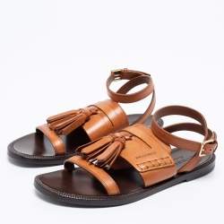 مملوكة مسبقًا صندل فلات بربري بيثاني جلد بني كونياك سير كاحل مقاس 38