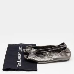 Pre Owned Burberry Metallic Grey Leather Peep Toe Scrunch Ballet Flats Size 36.5