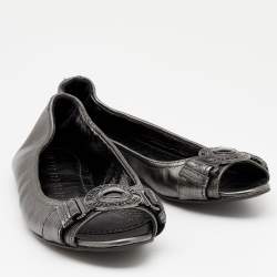 Pre Owned Burberry Metallic Grey Leather Peep Toe Scrunch Ballet Flats Size 36.5