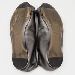 Pre Owned Burberry Metallic Grey Leather Peep Toe Scrunch Ballet Flats Size 36.5