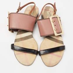 مملوكة مسبقًا صندل بربري سولي ترنش خلفي جلد ثلاثي اللون بإبزيم وحزام كاحل مقاس 38