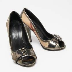 Burberry Metallic Grey Leather And House Check Canvas Buckle Peep Toe Pumps Size 37