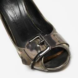 Burberry Metallic Grey Leather And House Check Canvas Buckle Peep Toe Pumps Size 37