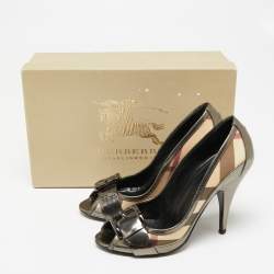 Burberry Metallic Grey Leather And House Check Canvas Buckle Peep Toe Pumps Size 37