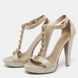 Burberry Grey Leather Embellished T-Strap Platform Sandals Size 38