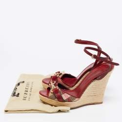 Burberry Red/Beige Check Canvas And Leather Espadrille Wedge Ankle Strap Sandals Size 41