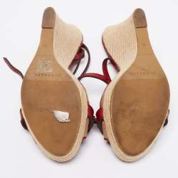 Burberry Red/Beige Check Canvas And Leather Espadrille Wedge Ankle Strap Sandals Size 41