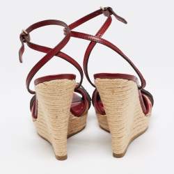 Burberry Red/Beige Check Canvas And Leather Espadrille Wedge Ankle Strap Sandals Size 41